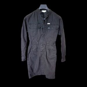Vintage Black Ramie Cotton‎ Utility Mini Dress Long Sleeve Button Front Med